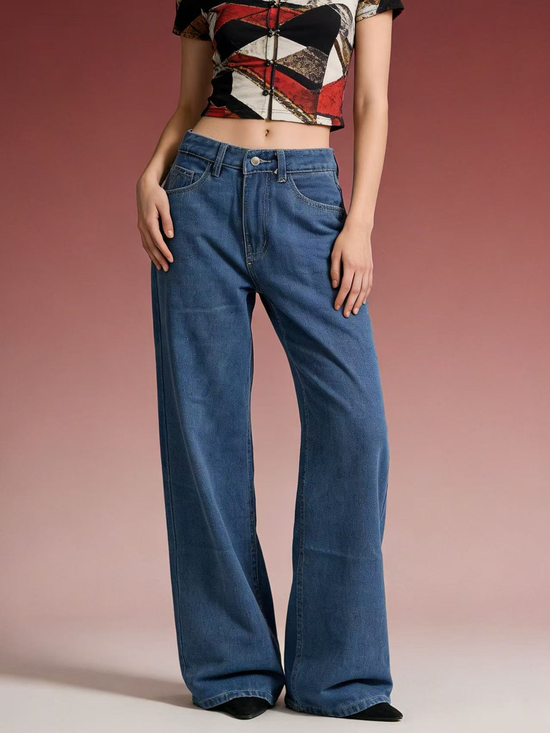 Dame bredde Denim-bukser med vintage-vask og høj talje Skovae