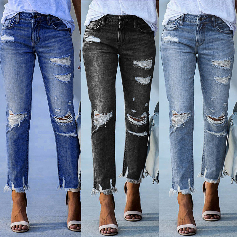 Dame Ripped High-Waist Jeans med frynset kant og modeødelæggede detaljer Stilla