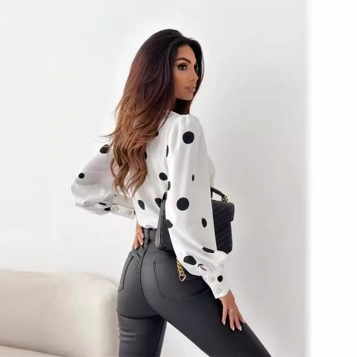 Dame Polka Dot Langærmet Bluse med Knapdetaljer Stilla