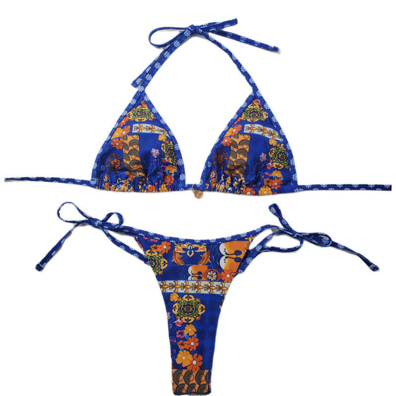 Damer trekant-bikini med blomsterdesign og justerbare bånd Skovae