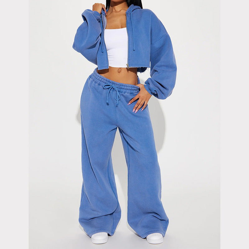 Kvinder casual cropped hoodie og brede joggebukser sæt Skovae