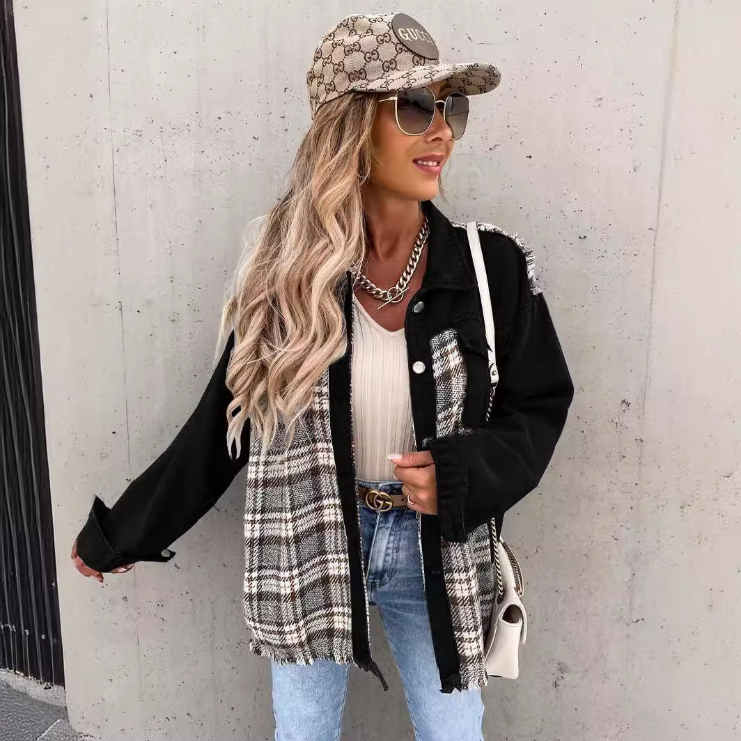 Kvinders fashionable ternet plaidjakke med en afslappet pasform og kontrasterende stoffer Stilla
