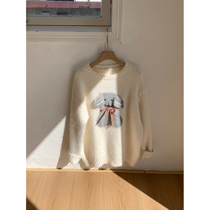Dame hyggelig sweater med sødt kaninmotiv og flæsedetaljer Stilla