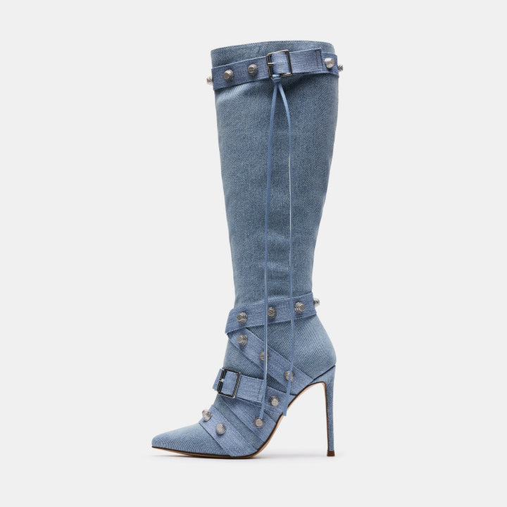 Femme Over-knæet Denim Støvler med dekorative Nitter Stilla