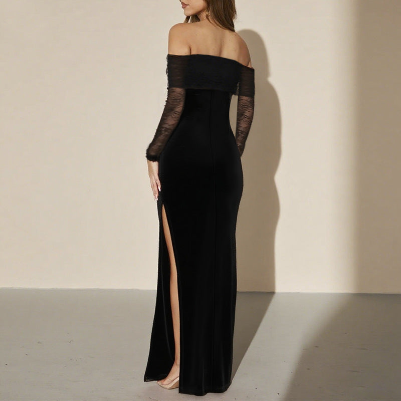 Dame off-shoulder aftenkjole med spidse ærmer og lang silhuet Skovae
