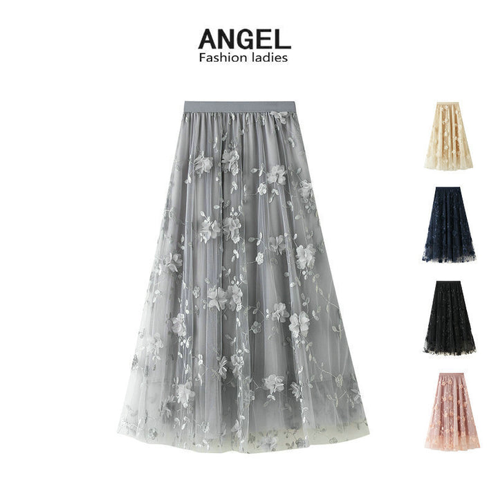 Dame Floral Broderet Tyl Maxi Skørt Stilla