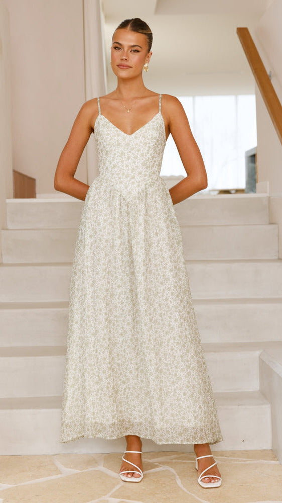 Damer Elegant Maxi Kjole med Fin Blomster Mønster og Delikate Spaghetti Stropper Stilla
