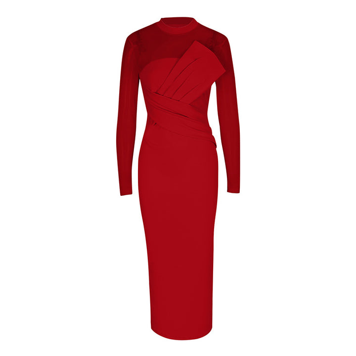 Dame Elegant Langærmet Midi-Kjole med raffineret drapering og figursyet silhuet Skovae