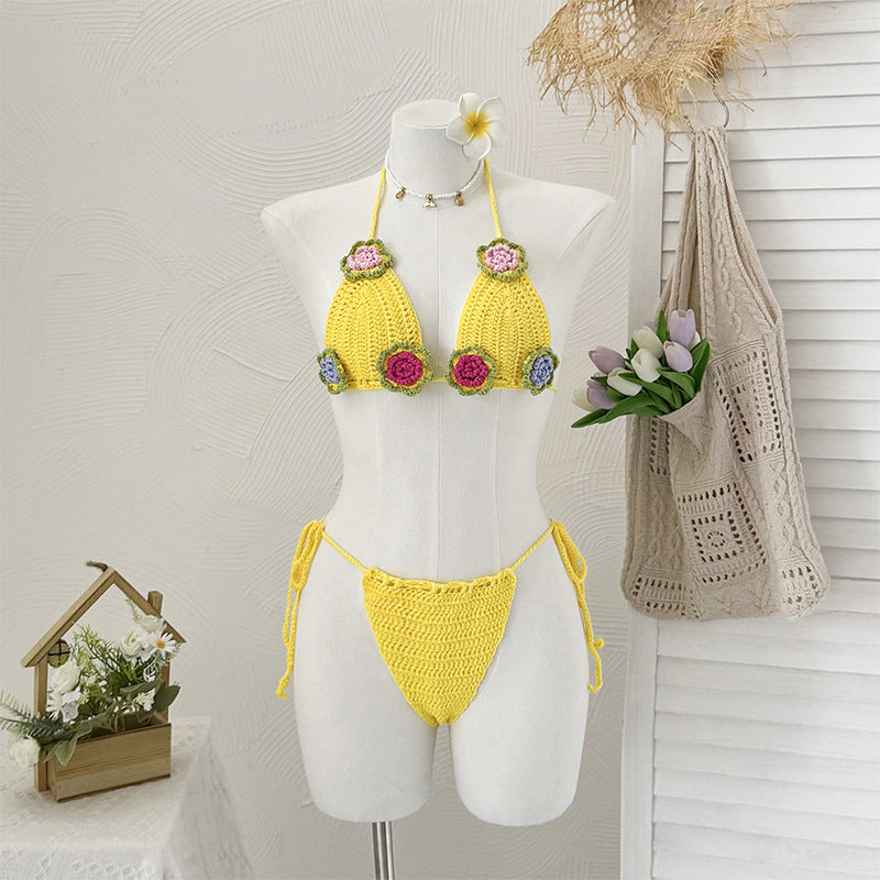 Dame hækle-bikini med legende blomsterdesign og justerbare bånd Skovae