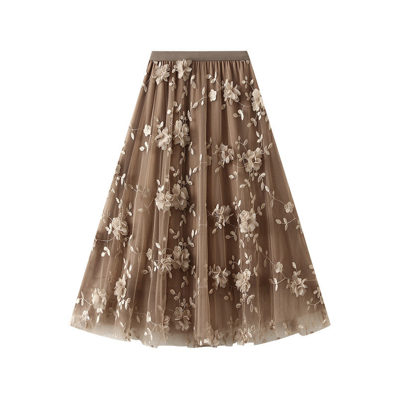 Dame Floral Broderet Tyl Maxi Skørt Stilla