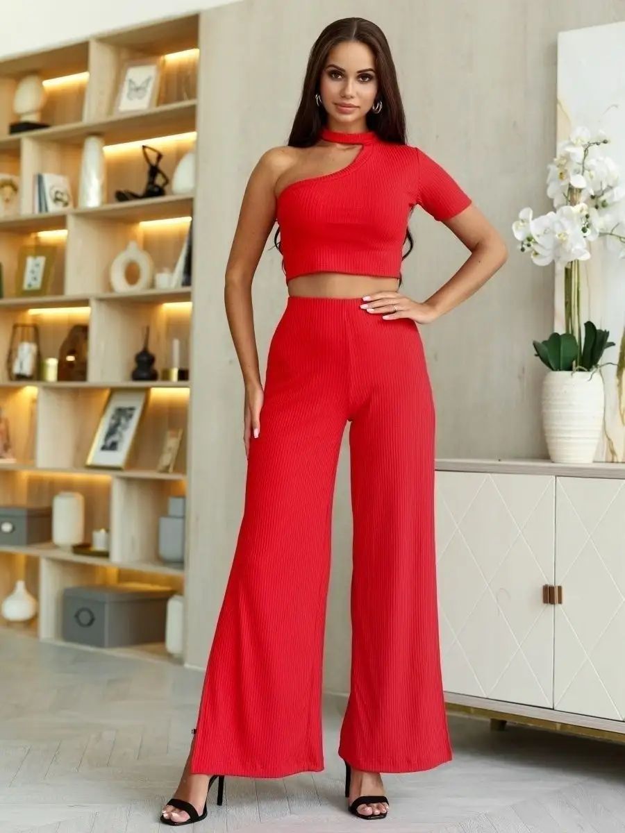 Dame Cropped Top og løse bukser i stribet design Stilla