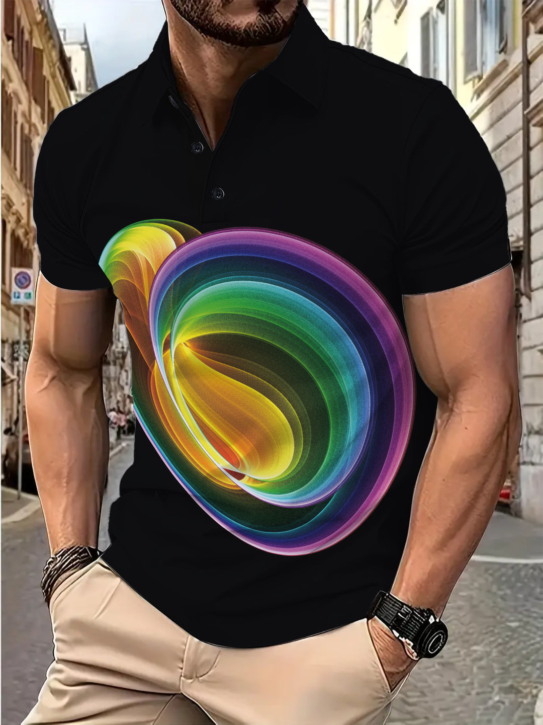 Herre Poloshirt med kreativt farvespiral-design og åndbare egenskaber Stilla