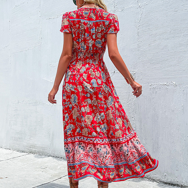 Dame Floral Maxi Kjole med rynket rem Stilla