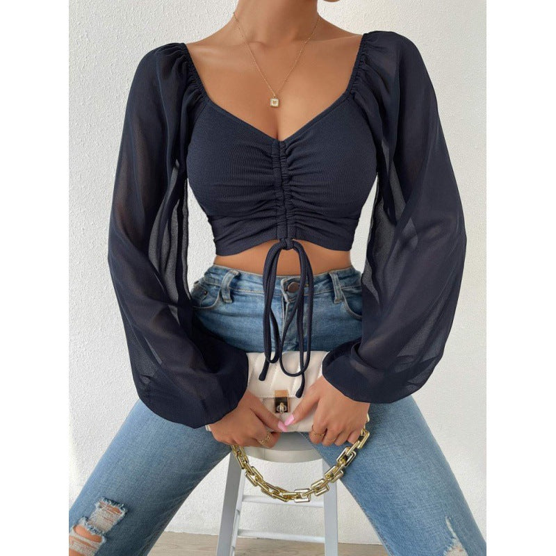 Dame Elegant Crop-top med puffede ærmer og snøremuligheder Stilla