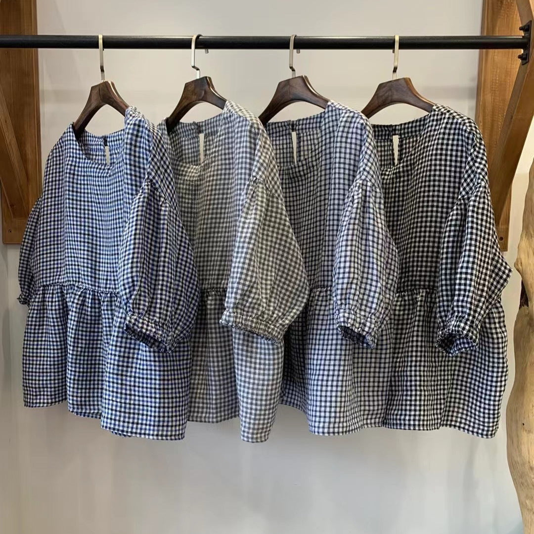 Dame Gingham Peplum-top med pufærmer Stilla