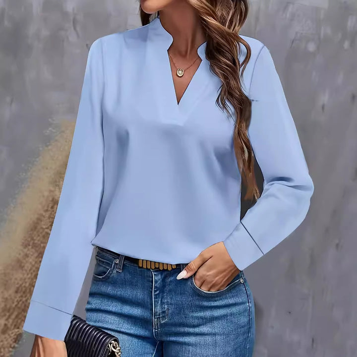 Damer elegant bluse skjorte med V-udskæring og lange ærmer Stilla
