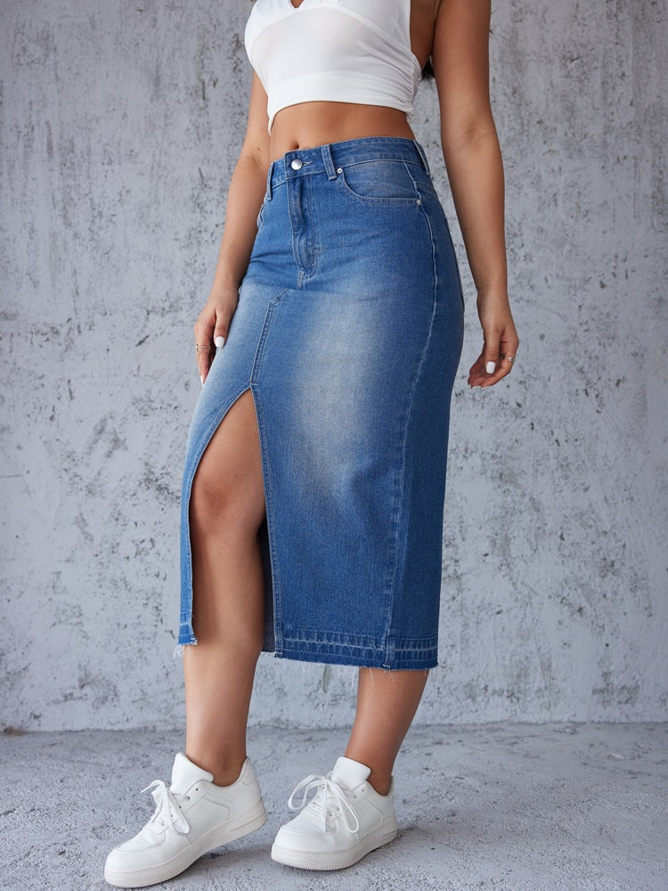 Kvinders Maxi Denim Nederdel med Sideslids og Moderne Frynser Stilla