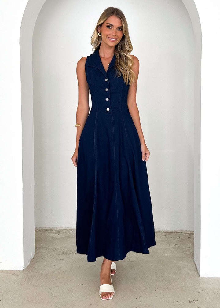 Dame Midi-Denimkjole med knaplukning og modekrave Stilla