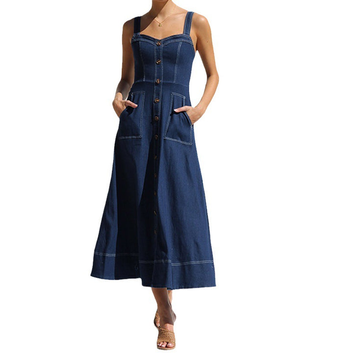 Dame Lang Denim-Kjole med Knapliste og Lommer Stilla