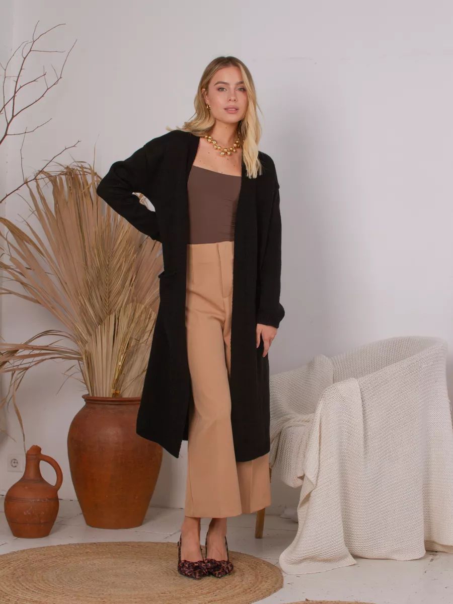 Dame elegant cardigan med talje bælte og dybe lommer Stilla