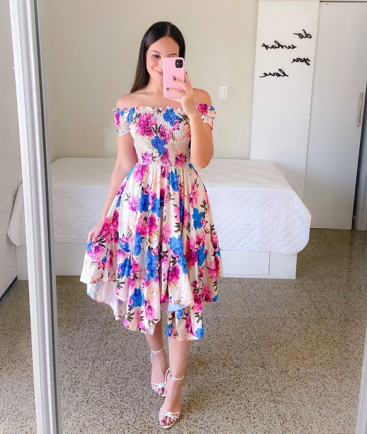 Stilla | Elegant Skulder-Baring Print Midi Kjole