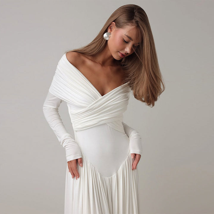 Dame Elegant omslagskjole med off-shoulder udskæring og flydende skørt Stilla
