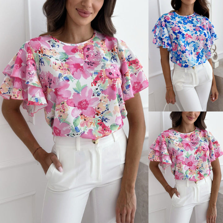 Dame Floral Flæsebluse med påsyede ærmer Stilla