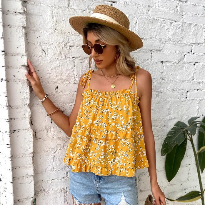 Dame Rynket Lag Blomster Camisole Top Stilla
