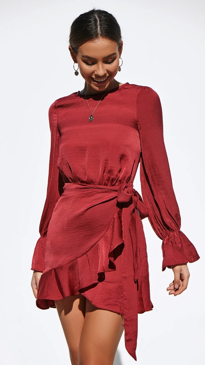 Women's wrap dress with swinging ruffle sleeves and elegant waist tie Skovae
