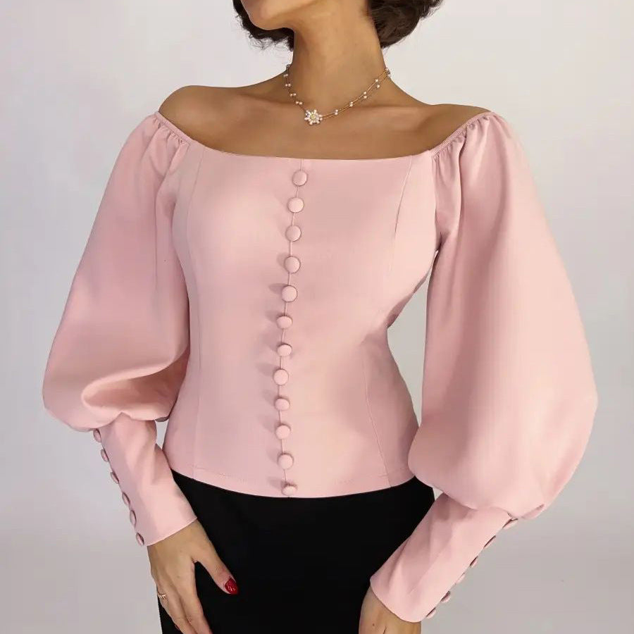 Dame Off-Shoulder Bluse med elegante puffærmer og knapdetaljer Stilla