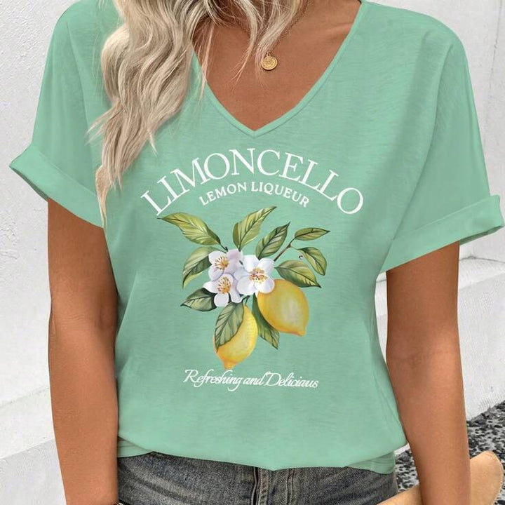 Dame T-shirt med blomstret tryk og V-udskæring Stilla