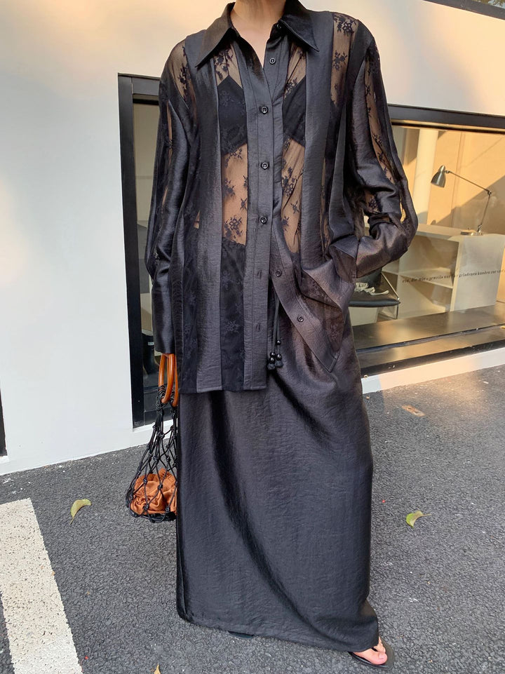 Dame gennemsigtig bluse i elegant chiffon med blomstret mønster Stilla
