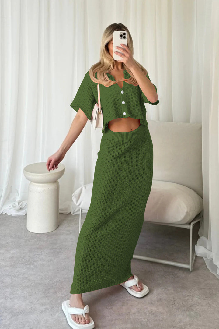 Dame Lækkert Strik Sæt med elegant Crop-Top og Maxiskørt Stilla
