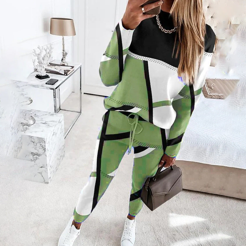 Dame trendy fritidsdragt med geometrisk mønster og praktisk snoretræk Stilla