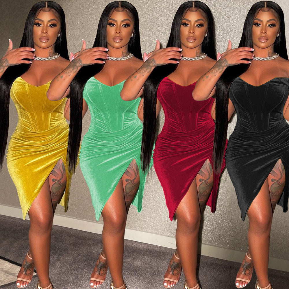 Elegant Velour Bodycon Kjole til Damer med Høj Slids Stilla