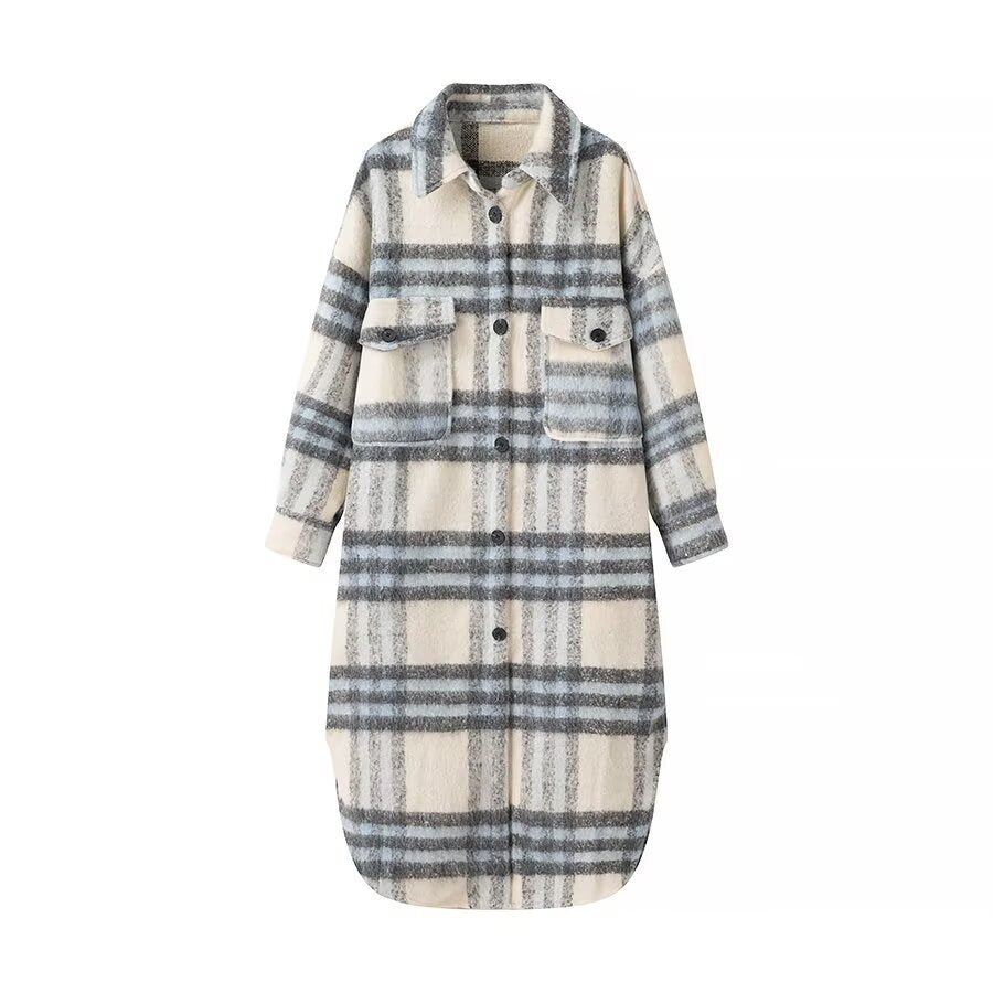 Kvinders fashionable oversized uldfrakke med ternet mønster Stilla