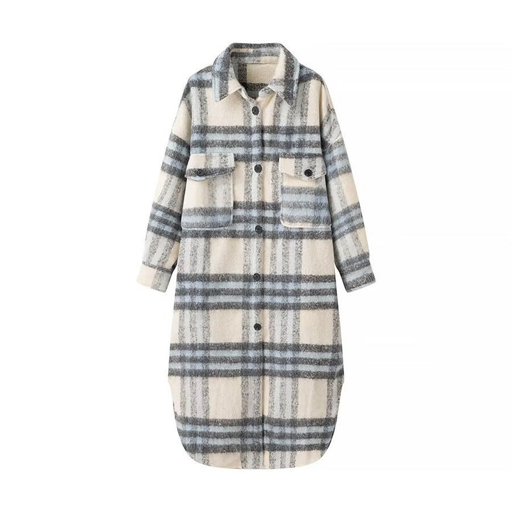 Kvinders fashionable oversized uldfrakke med ternet mønster Stilla