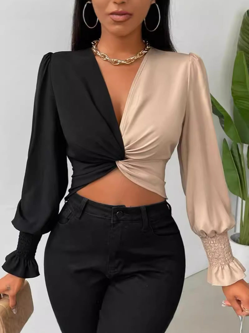 Dame Fashion Cropped Top med Vikledesign og Ballonærmer Stilla
