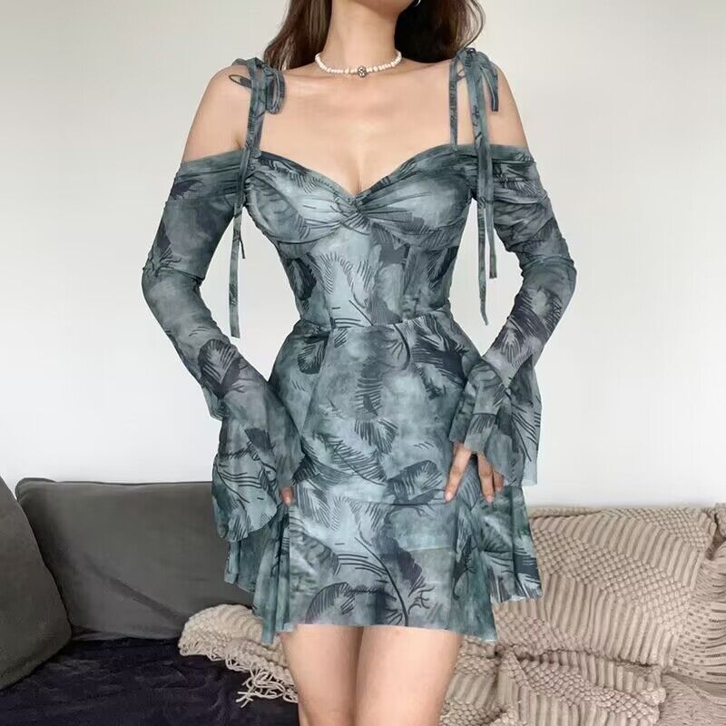 Kvinders minikjole med off-the-shoulder ærmer og blomstermønster Skovae