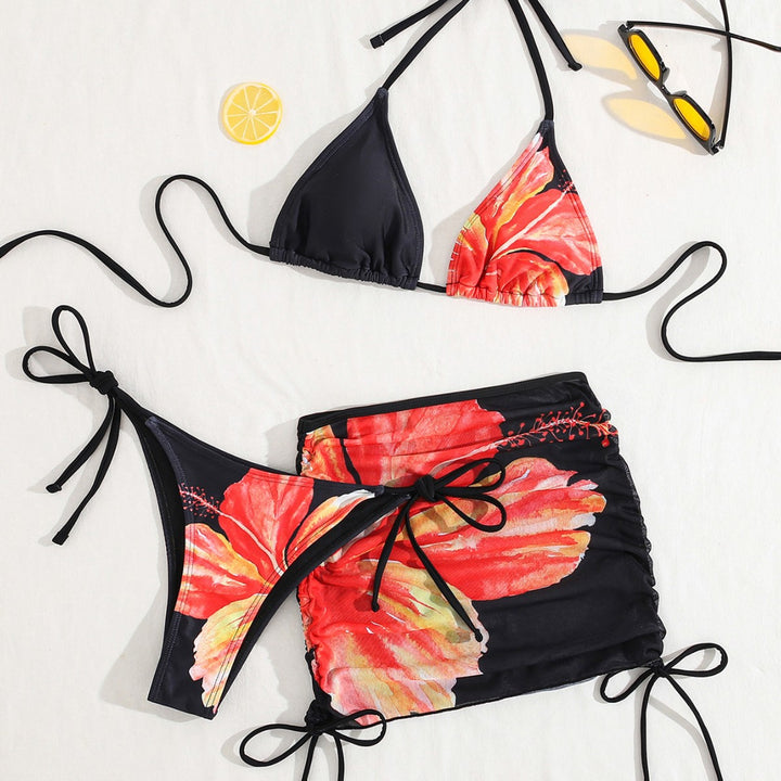 Dame Triangel-bikini med gennemsigtig skørtelement og blomsterdesign Skovae
