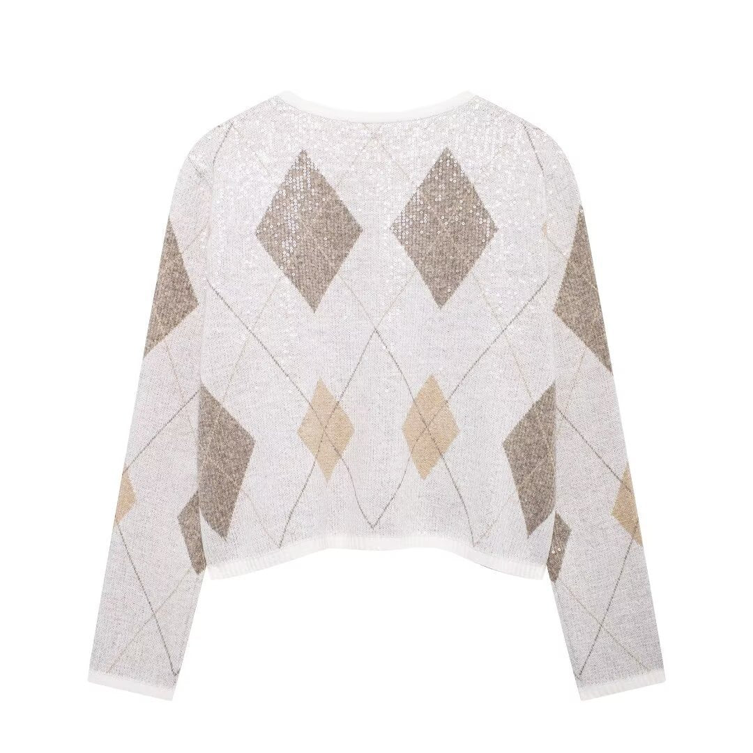 Femme Argyle-mønster Paillette Strik Cardigan Stilla