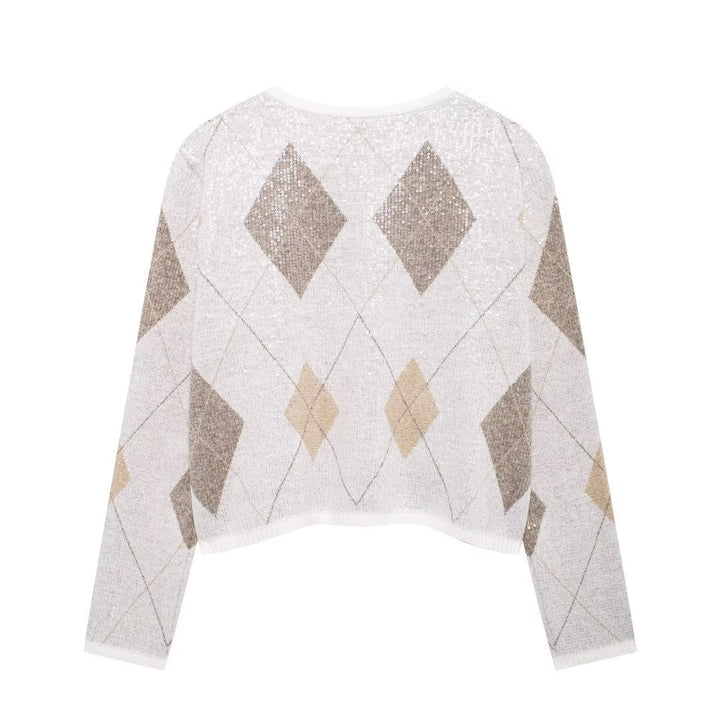 Femme Argyle-mønster Paillette Strik Cardigan Stilla
