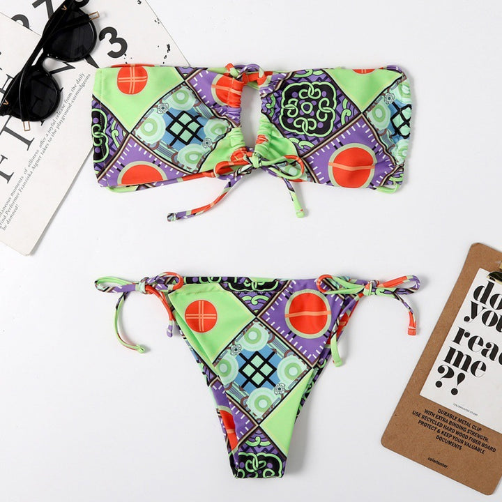 Dame Bandeau-Bikini med spændende mønstermix og justerbare stropper Skovae
