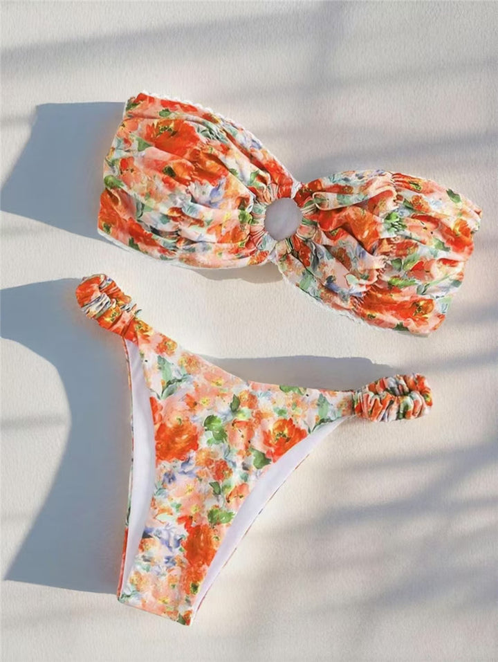 Dame bandeau-bikini-sæt med blomsterdesign og volanger Stilla