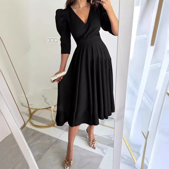 Dame Elegant Midikjole med Puffærmer Stilla