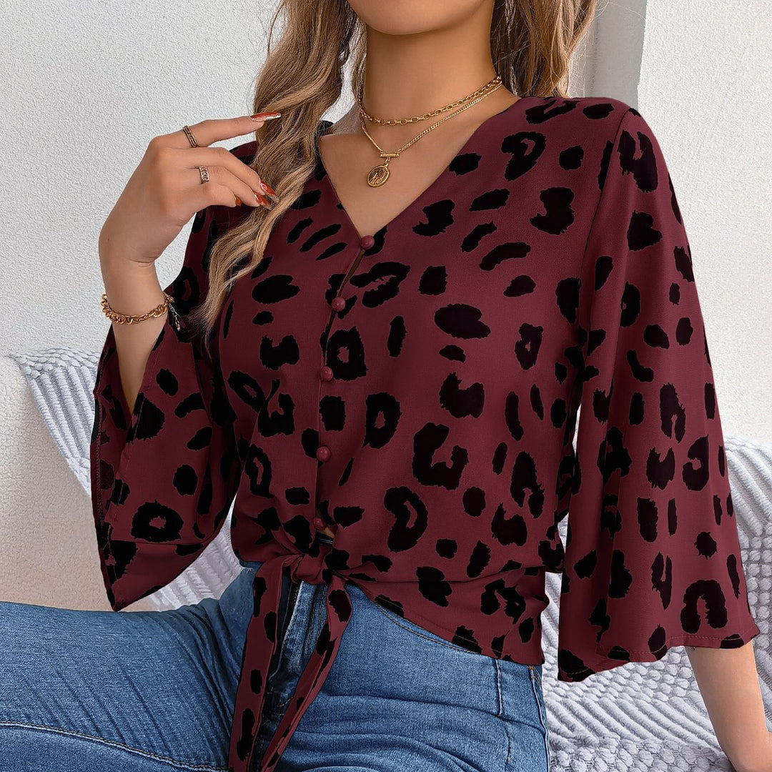 Dame Elegant Blusenskjorte med Leopardskprint og Knapdetalje Stilla