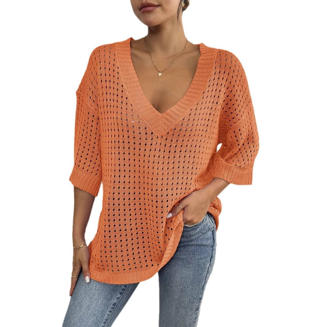 Dame Åndbar V-Hals Oversized Strik Pullover Stilla