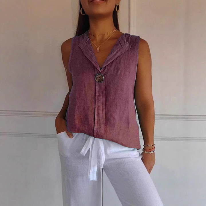 Damer linned blouse med ståkrave og knaplukning Stilla