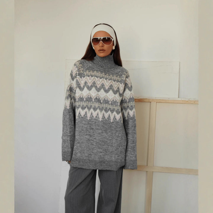 Kvinders chunky strik sweater med høj krave og geometrisk mønster Stilla