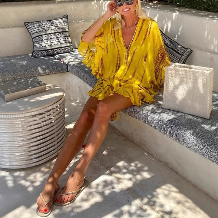 Dame Sommerligt Kaftan-Kjole med flydende snit og flæse-detaljer Stilla